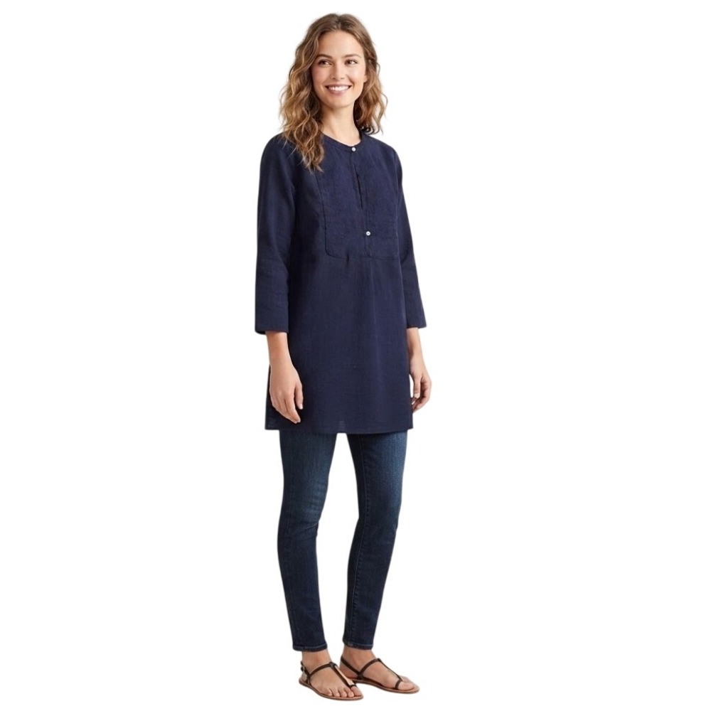 J. Crew 100% Cotton Navy Blue Tunic Blouse 3/4 Sleeve Size Small Casual Chic